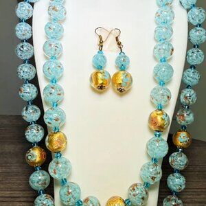 VINTAGE MURANO GLASS SET • Aqua & 24K Gold Foil • Necklace & Earrings